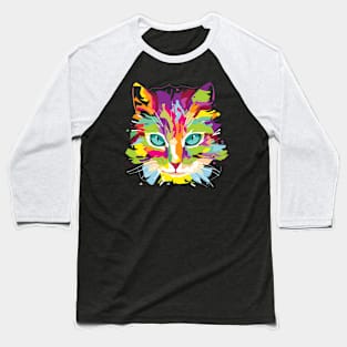 Cat Face Multi-Colored Baseball T-Shirt